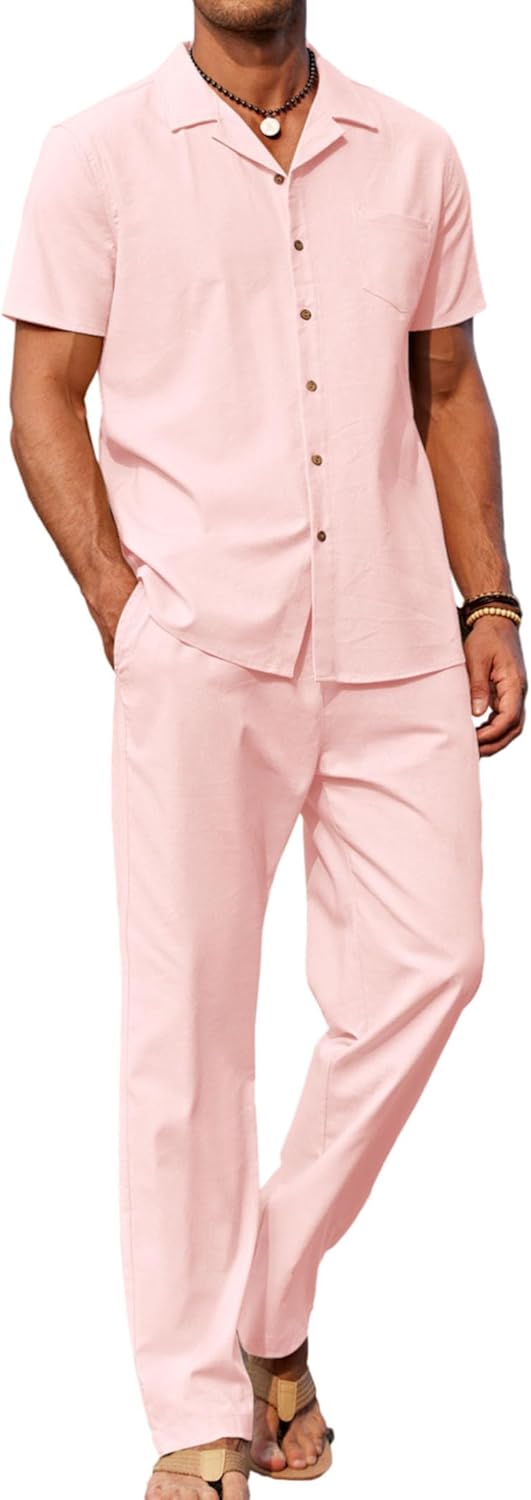 COOFANDY Men 2 Piece Linen Outfit for Beach and Casual Wear