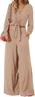 Women's 2 Piece Outfits V Neck Crop Top and Wide Leg Pants - Cozy Fall