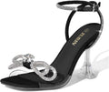 ZURIN Women's Rhinestone Bow Heels Square Toe Clear Heeled Sandals