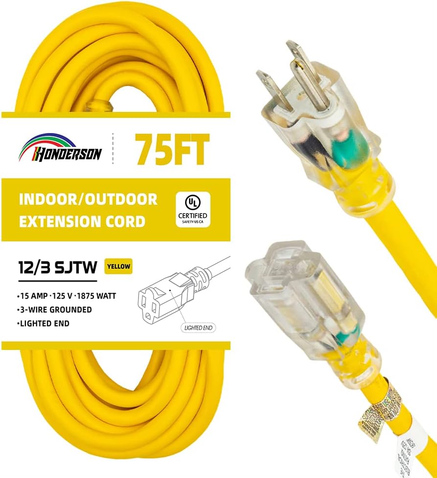 Indoor Outdoor Extension Cord Weatherproof 75FT Heavy Duty