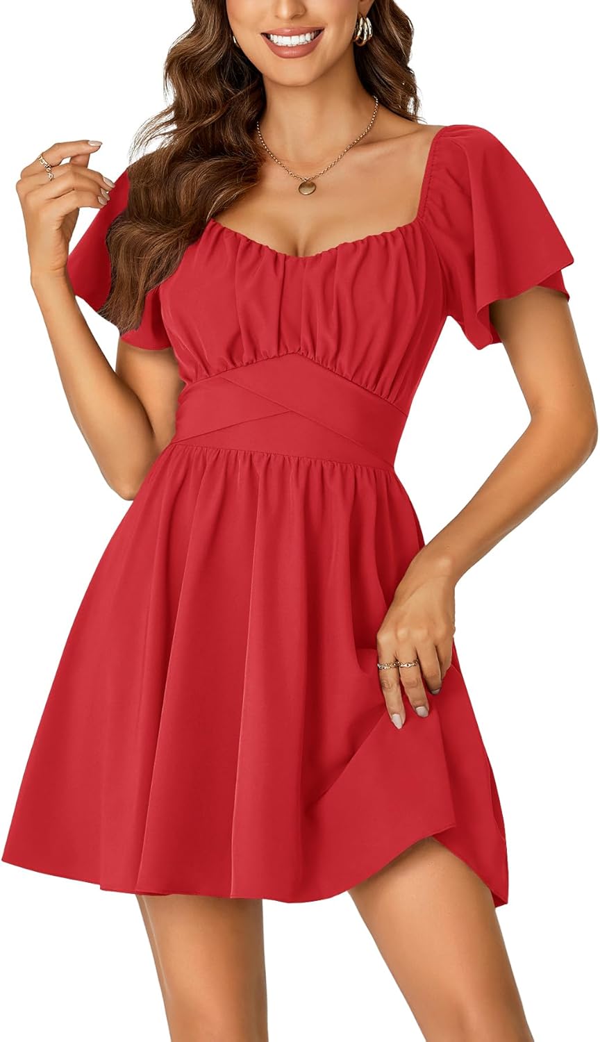 Rooscier Women's Tie Back Square Neck Ruffle Mini Dress Review