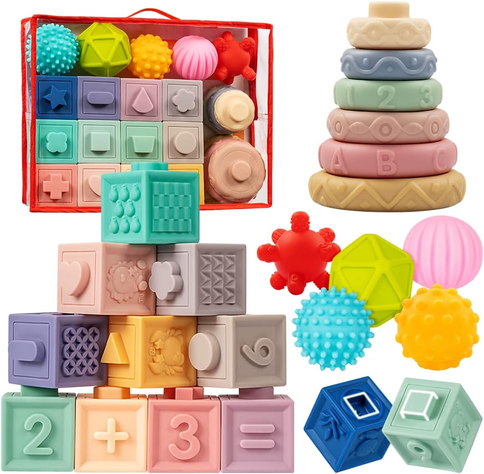 Montessori Baby Toy Set: Stacking Blocks, Teething Toys, Sensory Balls