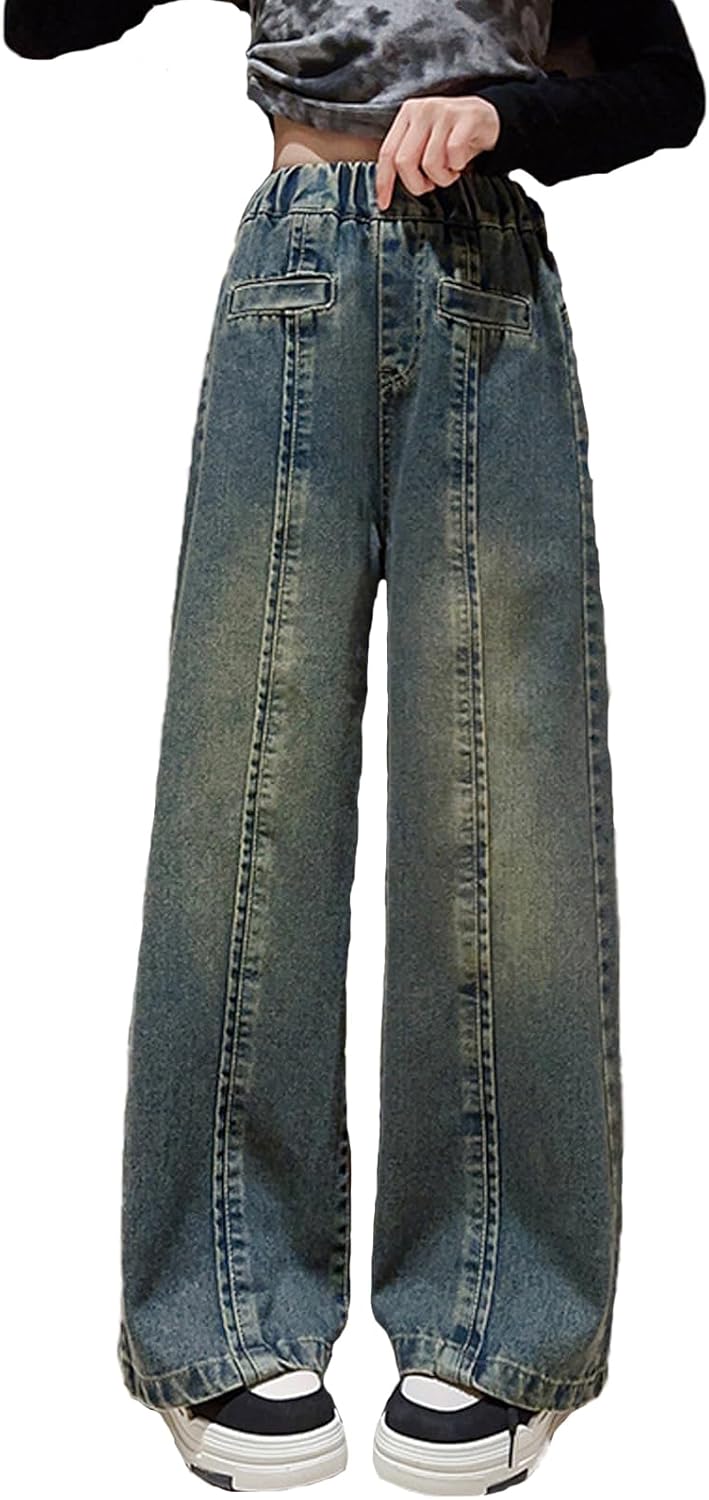 NABER Kids Girls Casual Baggy Wide Leg Denim Pants for Ages 5-14