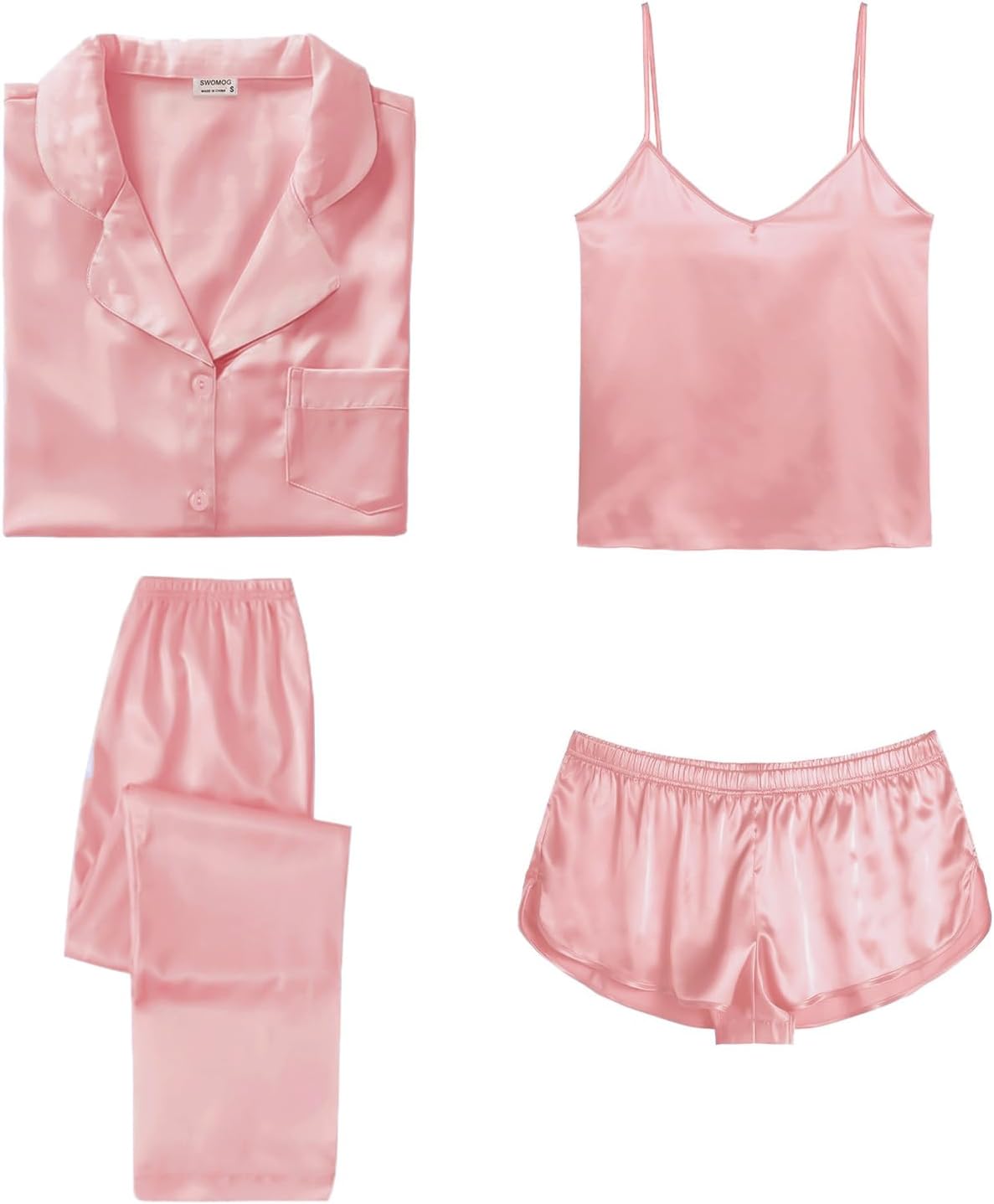 SWOMOG Womens Silk Satin Pajamas Set 4pcs Sleepwear Cami Shorts