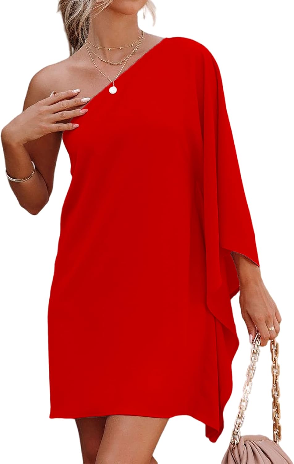 Stylish One Shoulder Batwing Sleeve Dress for Summer Parties