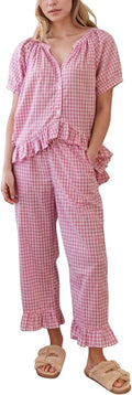 Womens Plaid Gingham 2 Piece Pajamas Set - Cotton Babydoll Top