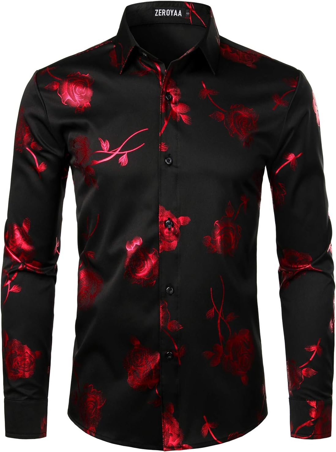 ZEROYAA Mens Hipster 3D Golden Rose Floral Printed Dress Shirt