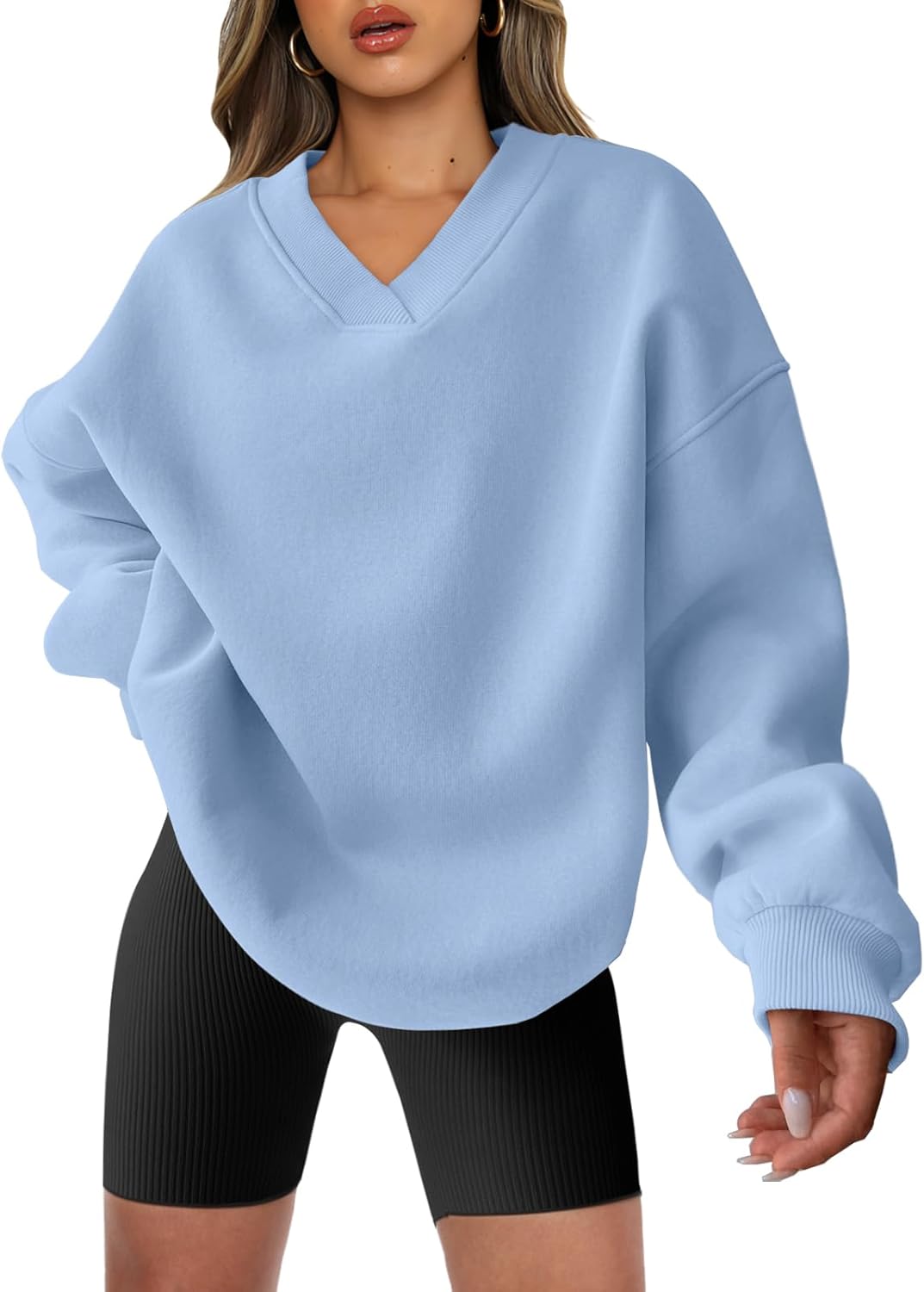 Oversized V Neck Sweatshirt for Women - Comfy Fleece Hoodie