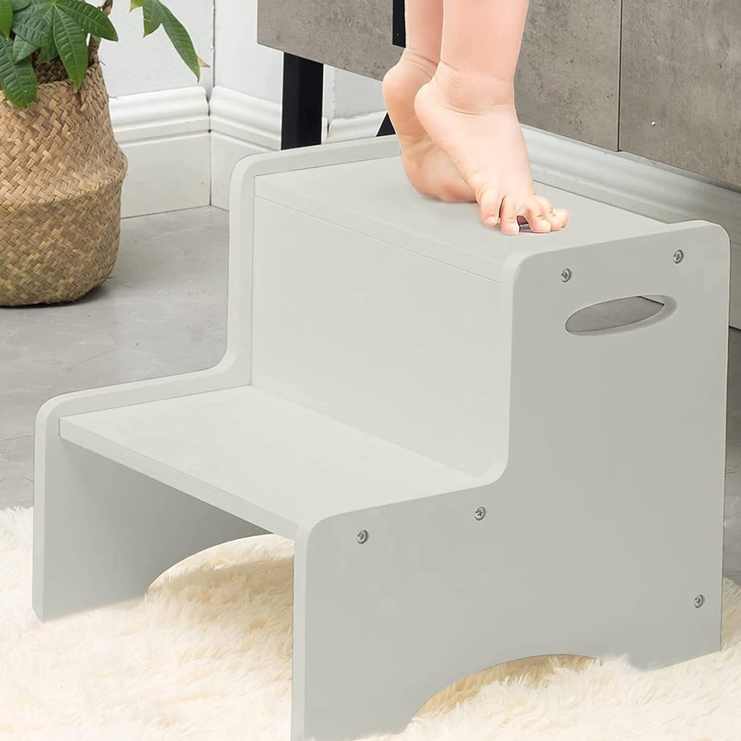 WOOD CITY Wooden Toddler Step Stool for Kids with Handles