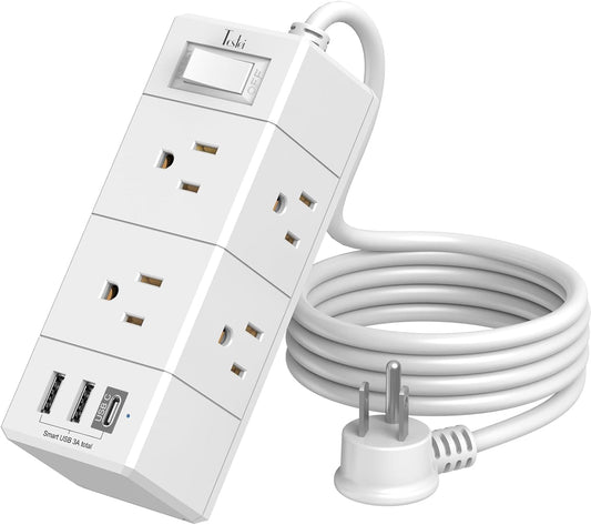 Compact 5Ft Power Strip with USB - 6 Outlets, 4 USB Ports