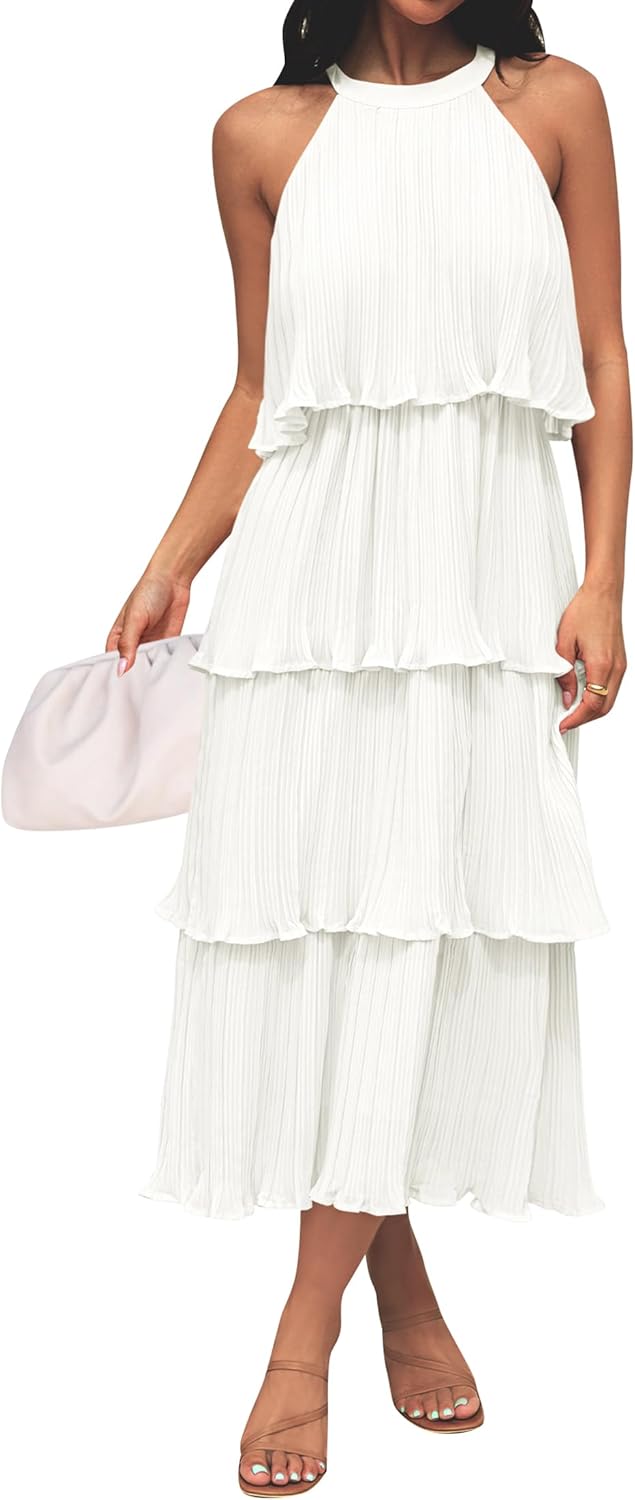 ZESICA Women's Sleeveless Halter Neck Ruffle Midi Dress Review