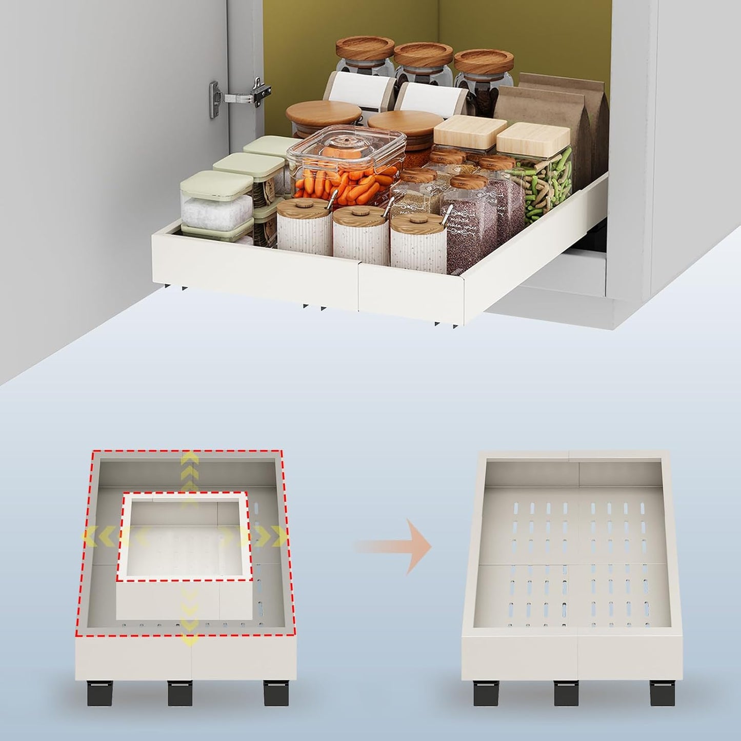 Pull Out Cabinet Organizer with Adjustable Width and Depth