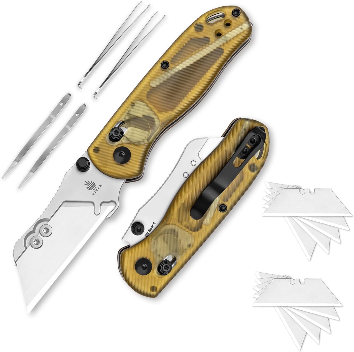 Kizer Drop Bear Folding Utility Knife with Razor Blades and Clip