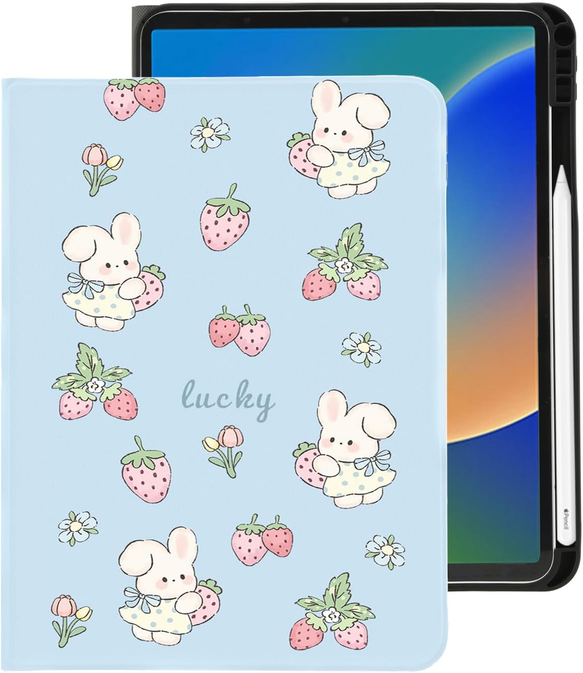 Cute Kawaii Bunny Strawberry iPad Case with Pencil Holder
