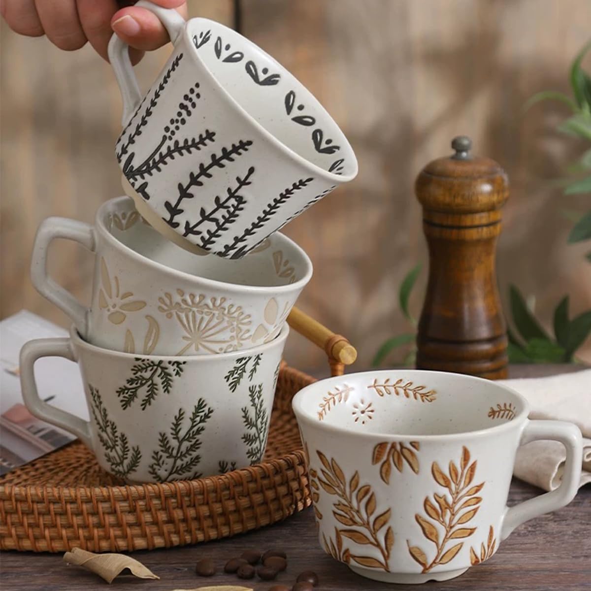 Ceramic Mug Set of 4 with Coffee Spoon for Vintage Drinks