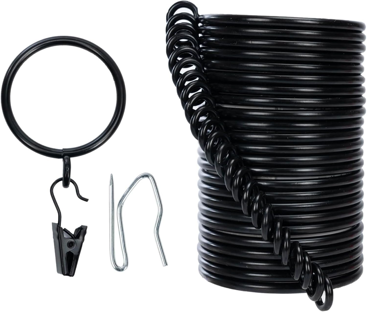 24 Black Curtain Rings w/ Clips & Pinhooks - Easy Installation!