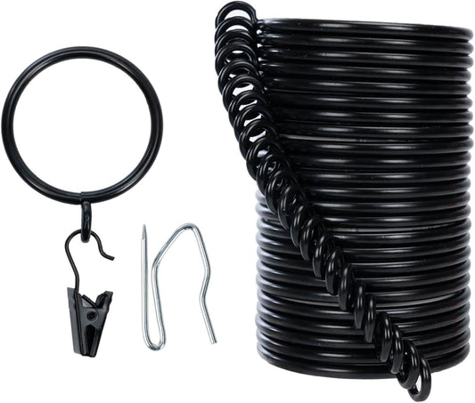 24 Black Curtain Rings w/ Clips & Pinhooks - Easy Installation!
