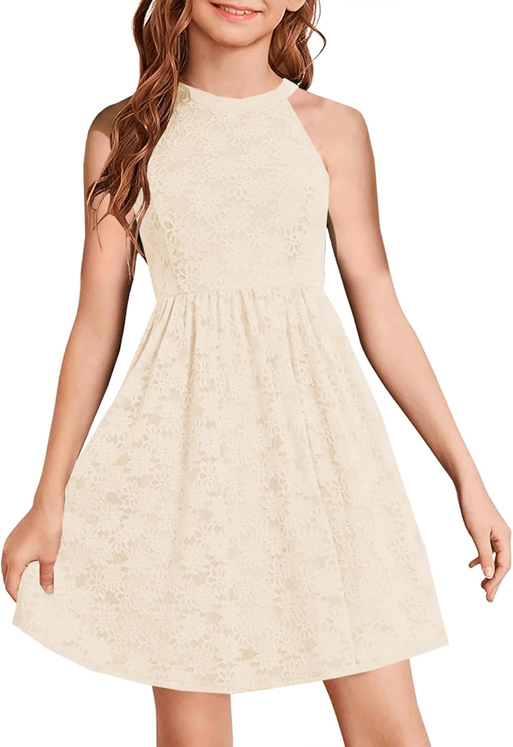 Elegant Floral Lace A-line Flared Swing Dress for Girls 6-12