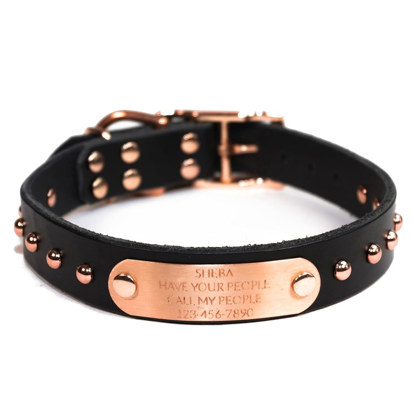 Handmade Studded Bridle Leather Dog Collar with Copper Nameplate