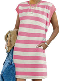 Womens Color Block Striped Summer Dress - Casual Cap Sleeve Fit