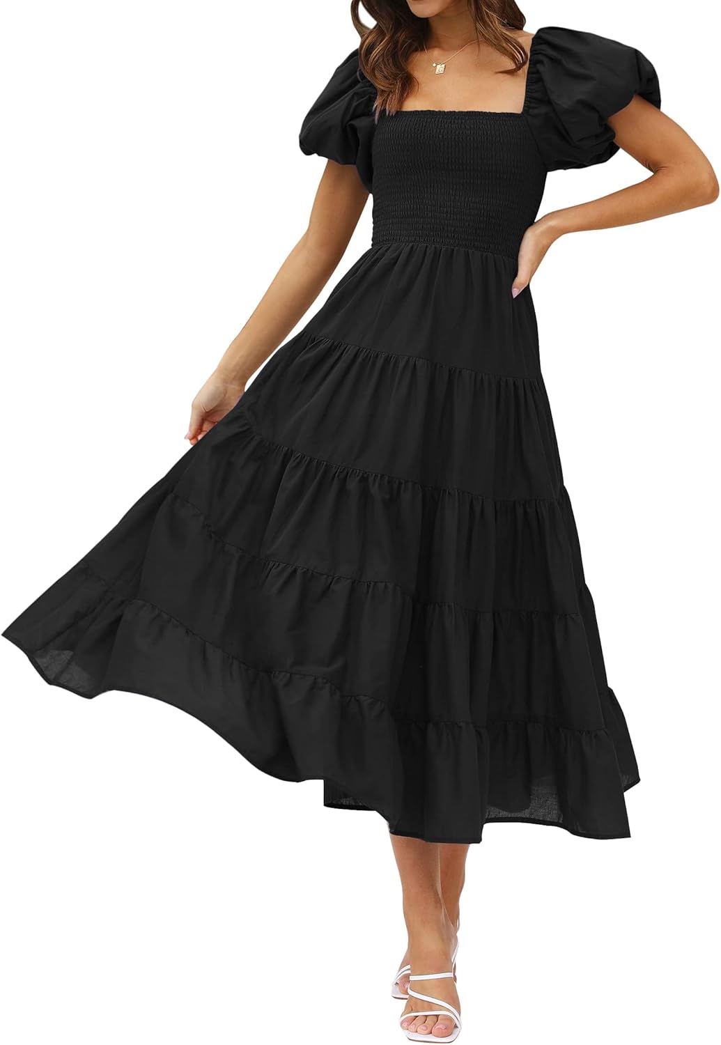 ZESICA Women's Summer Square Neck Puff Sleeve Midi Dress