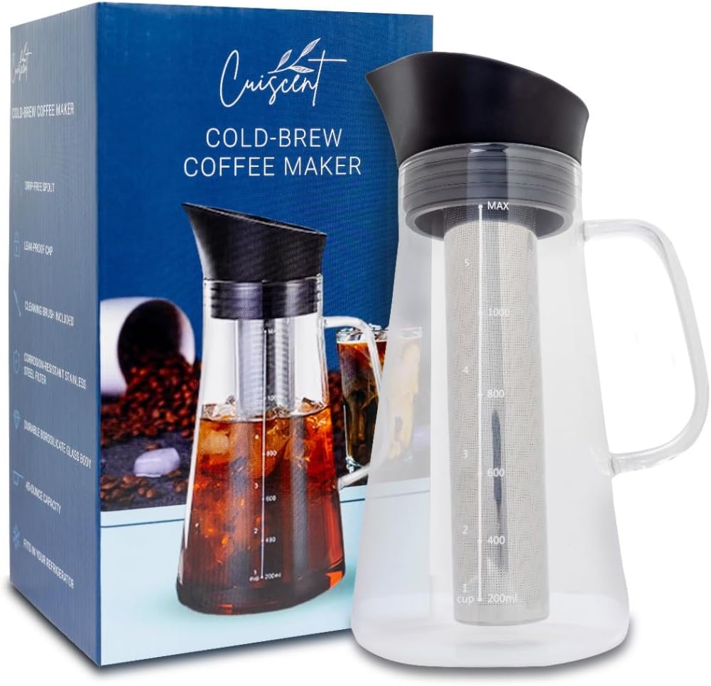 Cuiscent 1350ml Cold-Brew Coffee Maker: Stainless Steel Filter, Bonus Cleaning Brush