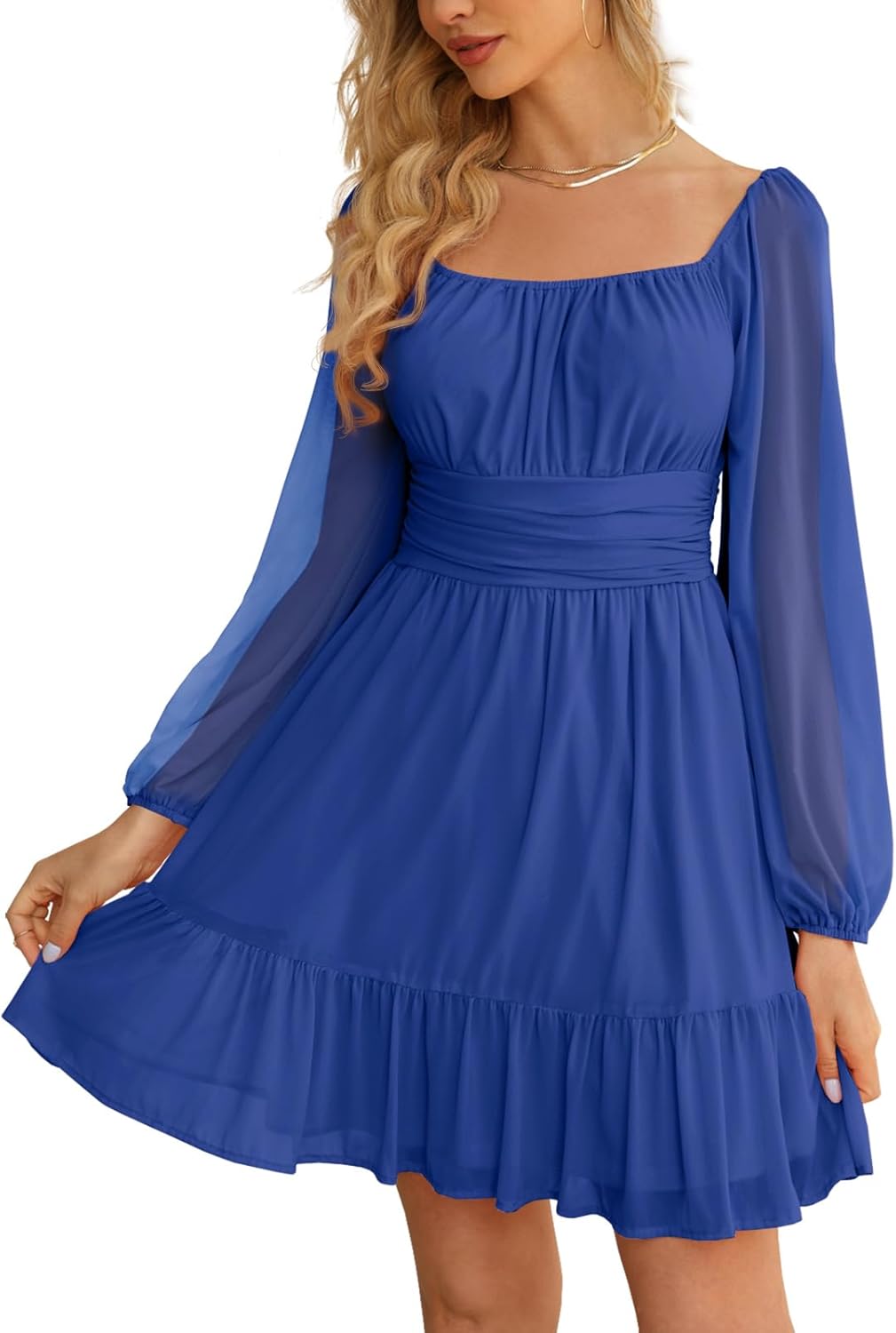 Wenrine Women's Mesh Long Sleeve Square Neck Mini Dress