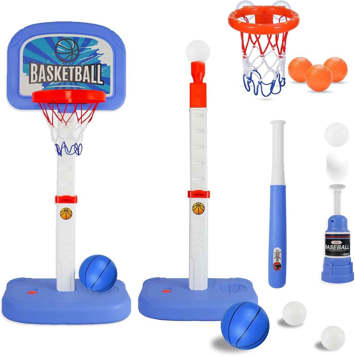 2-in-1 Toddler Hoop Set, Automatic Pitching Machine, Adjustable Height, Blue