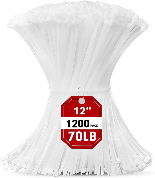 RAZCC 12 Inch Cable Zip Ties - 1200pcs, 70lb Tensile Strength, Self-Locking, Indoor/Outdoor Wire Management
