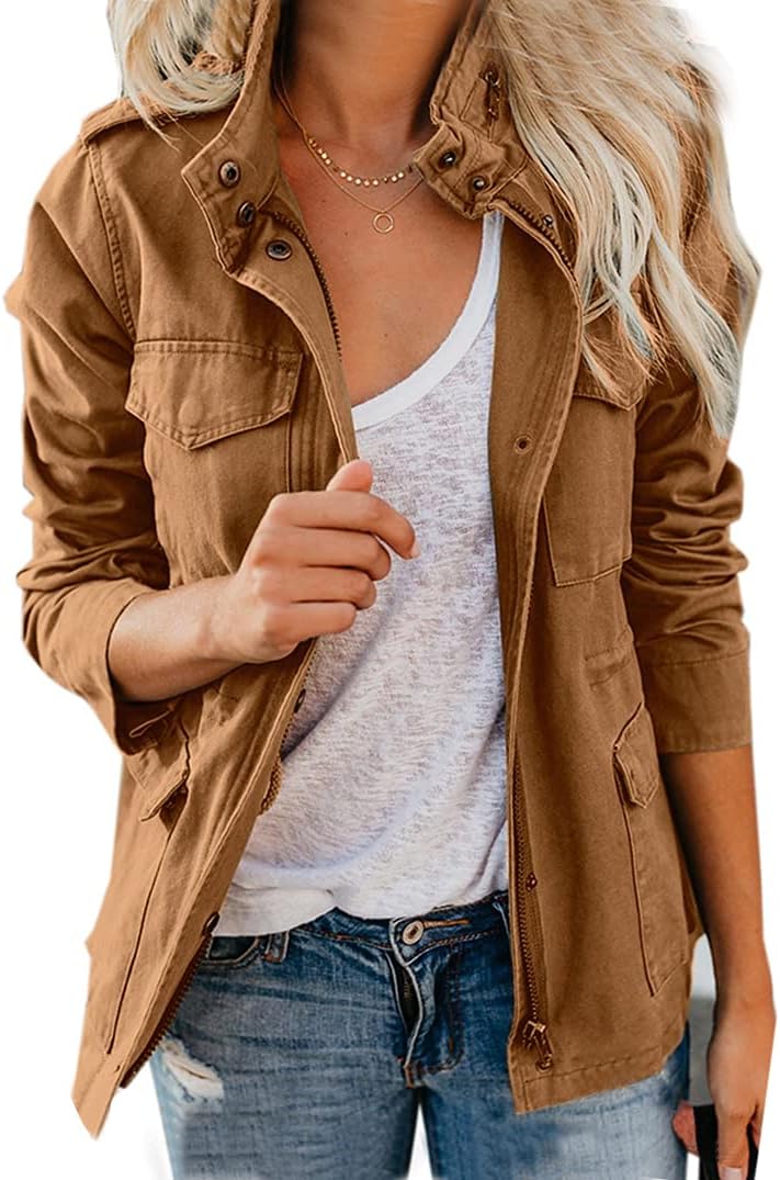 Chouyatou Women's Fall Stand Collar Zip Up Military Jacket
