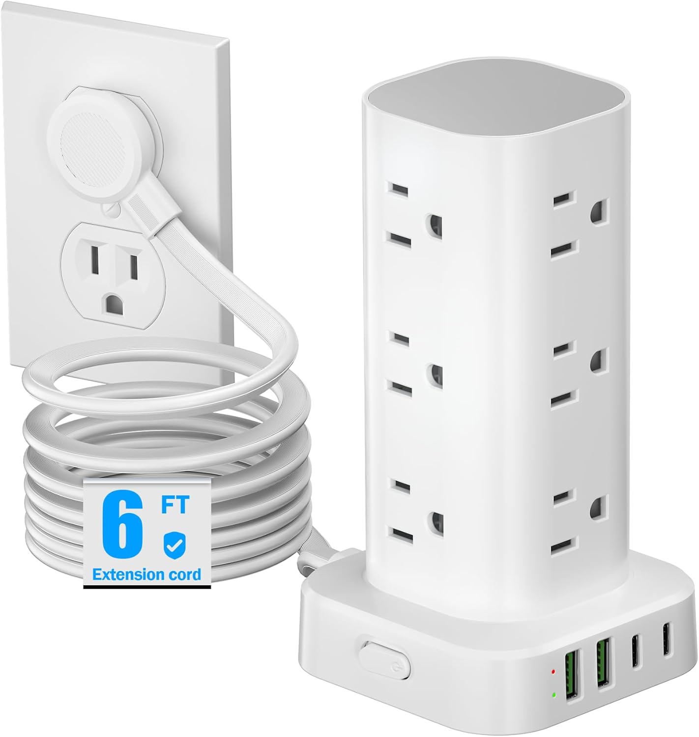 6FT Tower Power Strip: 12 AC + 4 USB, Surge & Overload Protection