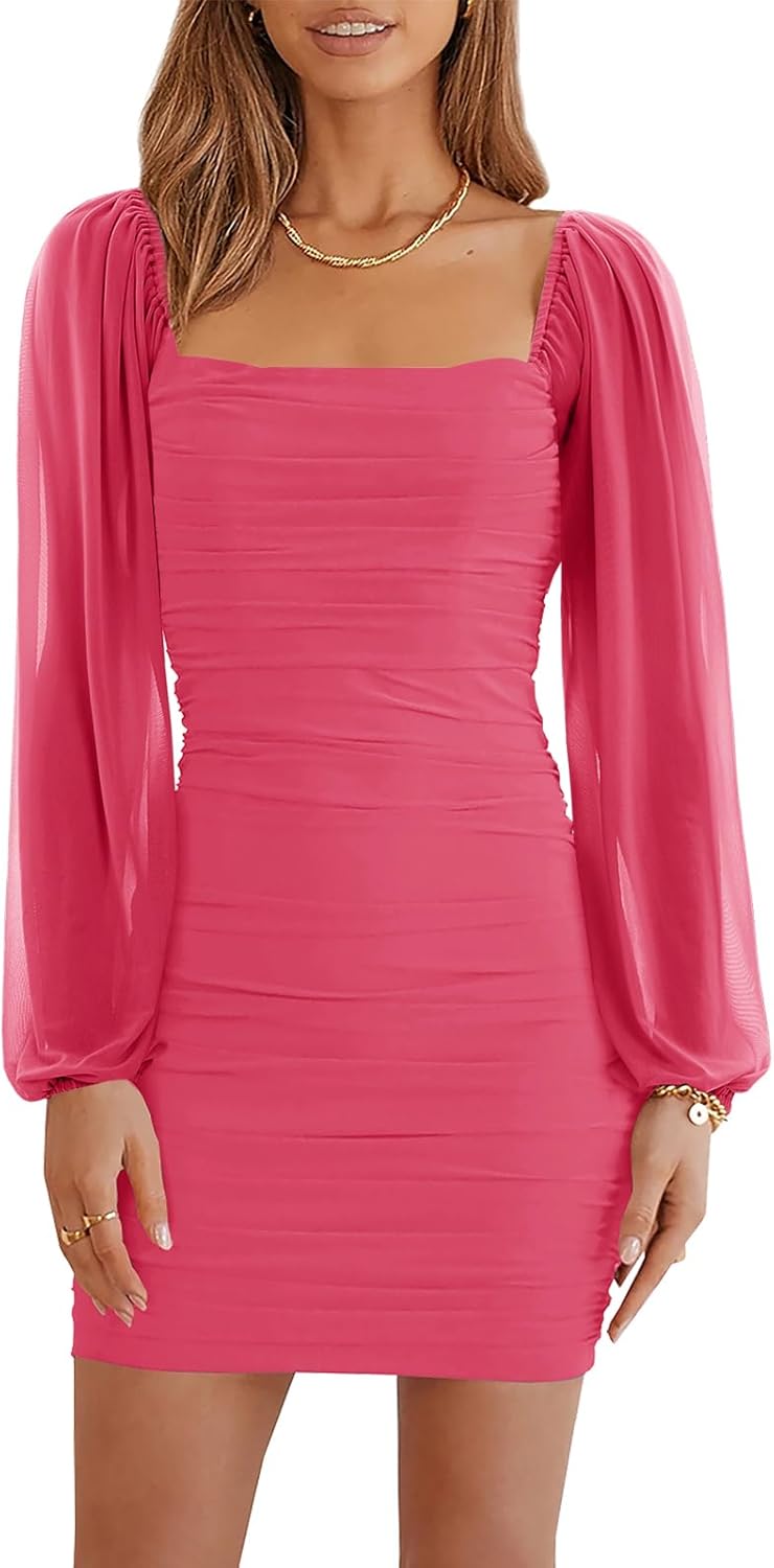 Wenrine Women's Mesh Long Sleeve Square Neck Bodycon Dress