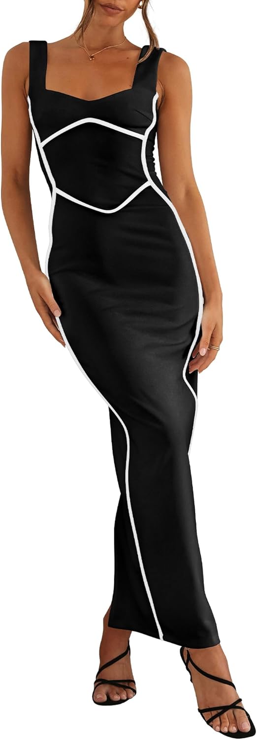 BTFBM Women Bodycon Maxi Dress Square Neck Sleeveless Slit