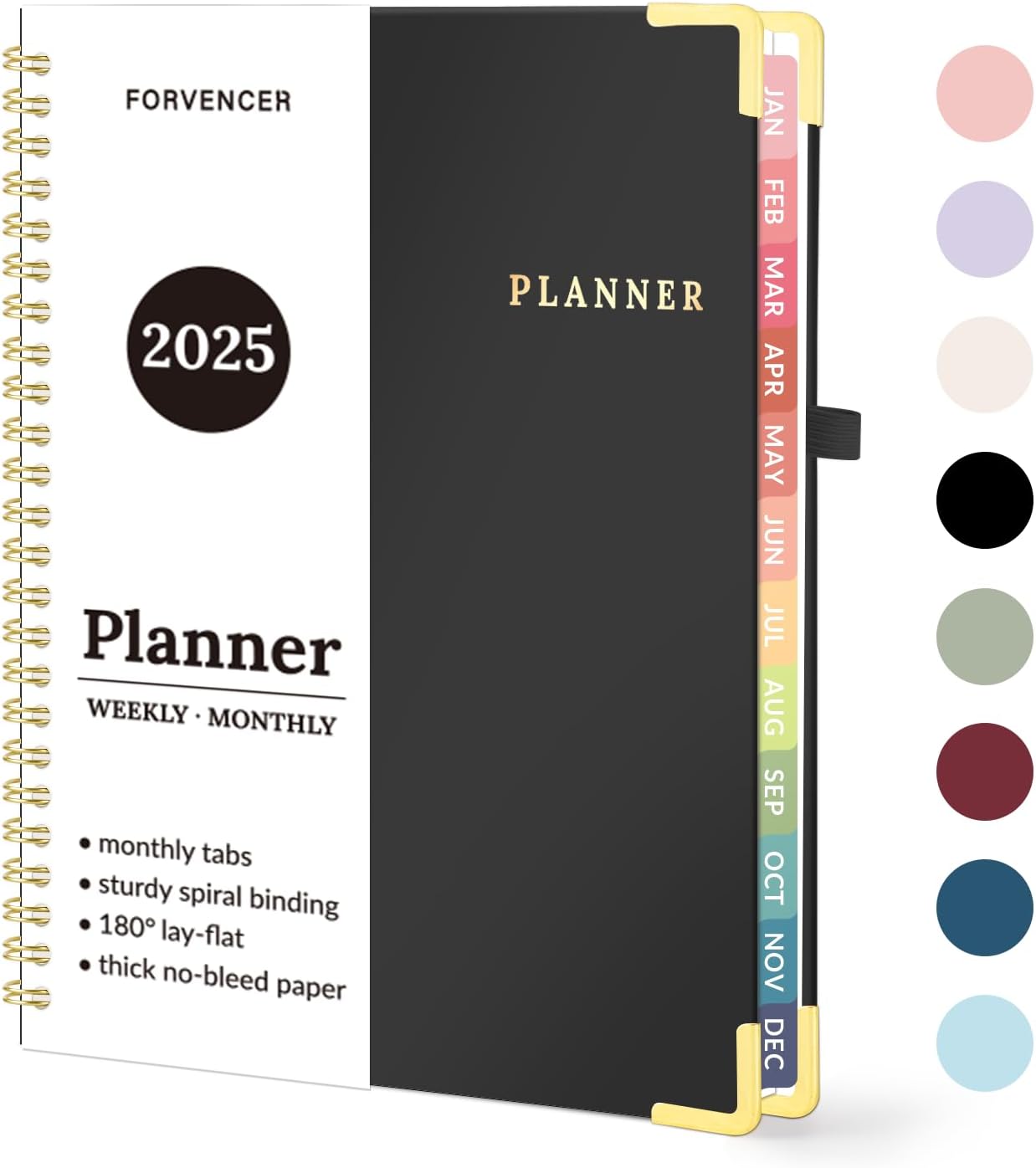Forvencer 2025 Planner: Cute Spiral Agenda, Hardcover, Tabs, Inner Pocket, A5, Black