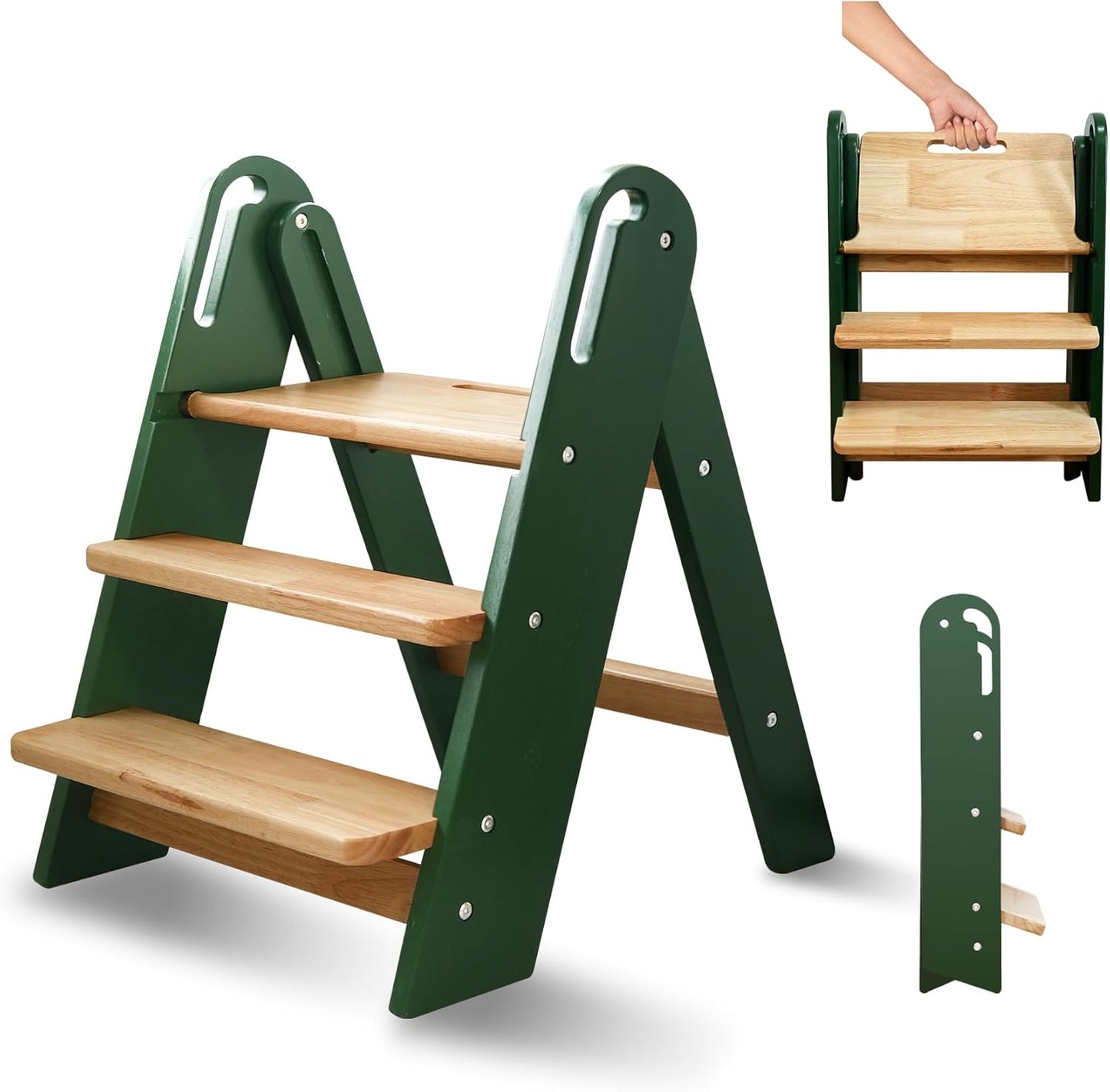 Step Stool for Toddler, 3-Step Wooden Ladder for Kids Use
