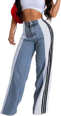 Womens High Waisted Wide Leg Patchwork Jeans - Stretchy Color Block