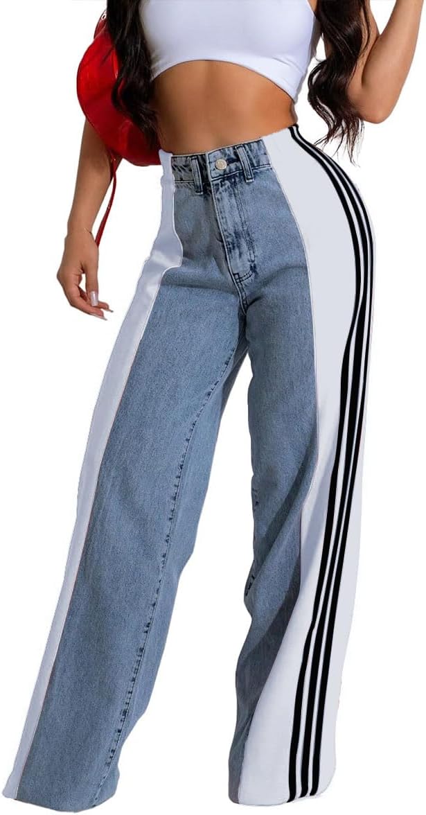 High Waisted Wide Leg Patchwork Stripes Stretchy Jeans for Women