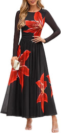 Maxi Dress for Women Long Sleeve Floral Mesh Ruched A-Line