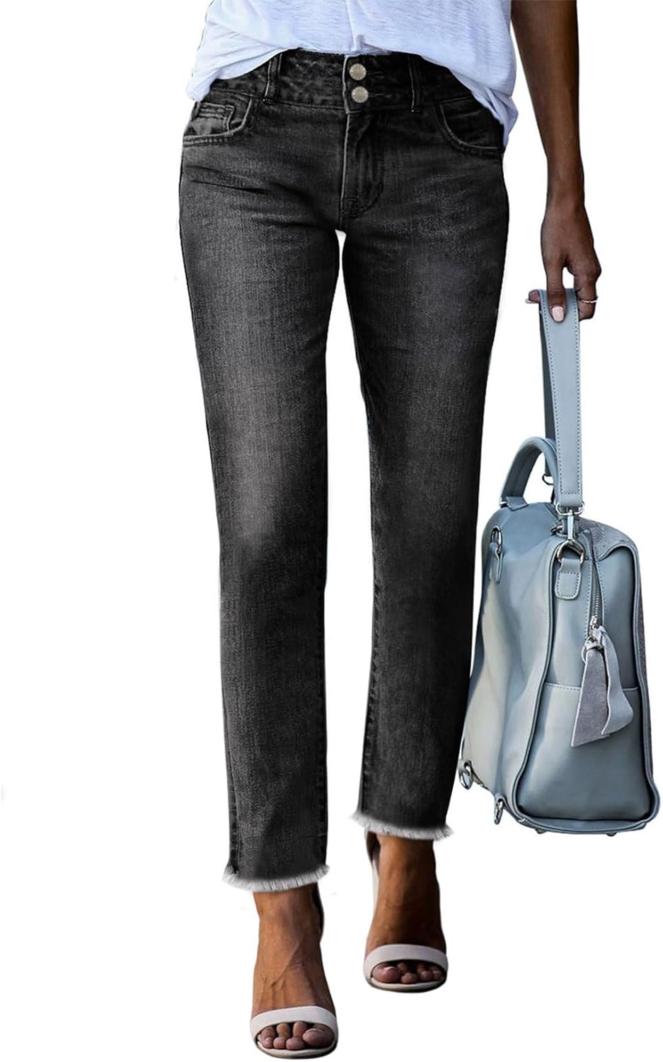 High Waisted Straight Leg Jeans with Raw Hem for Women