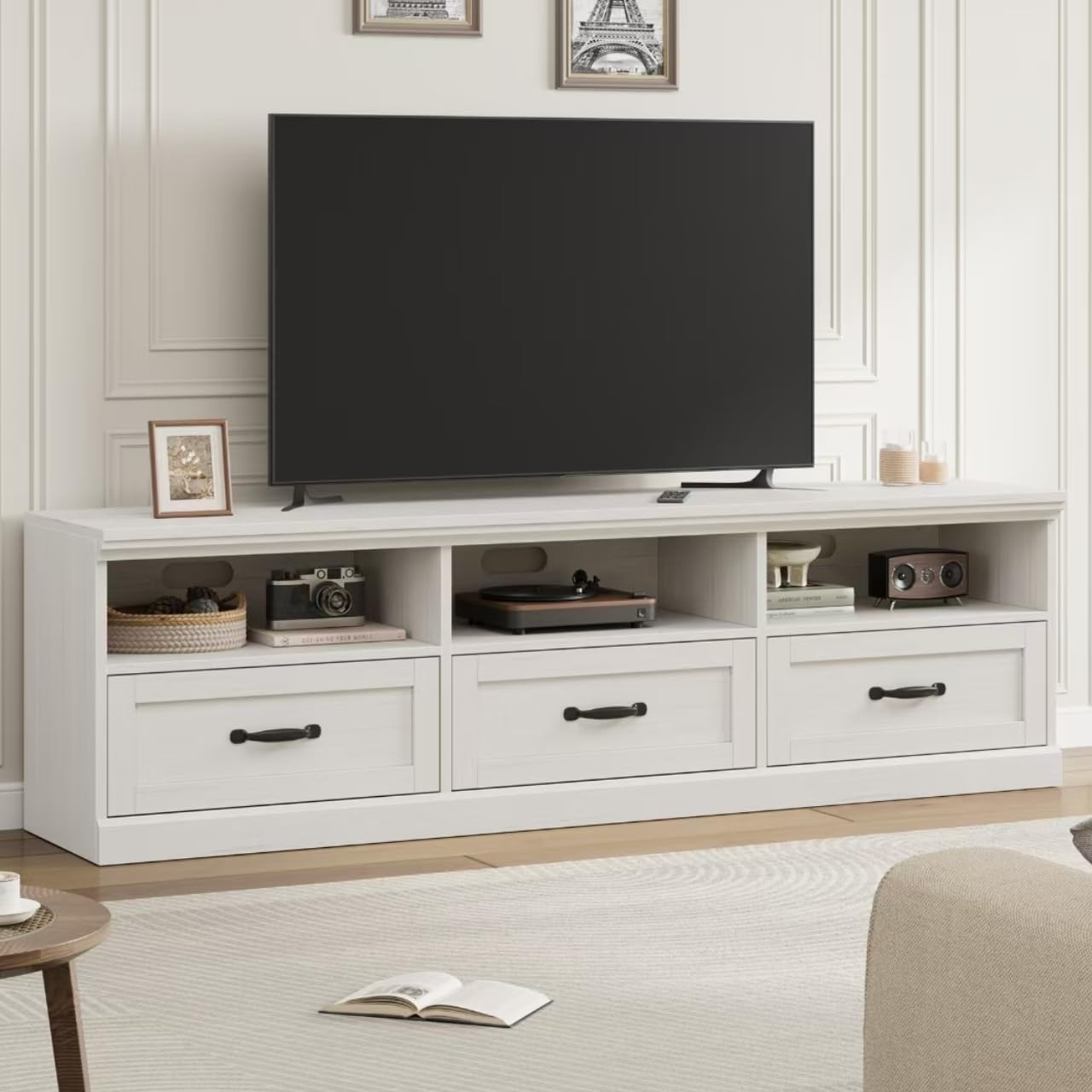70in Mid Century TV Stand with Storage - Antique White