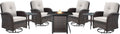 7-Piece Modern Brown Patio Conversation Set - Fire Table Comfort