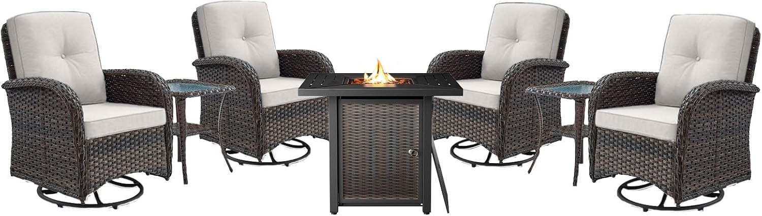 7-Piece Modern Brown Patio Conversation Set with Fire Table