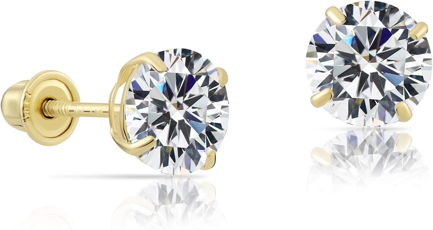14k Yellow Gold Solitaire Round Cubic Zirconia Stud Earrings