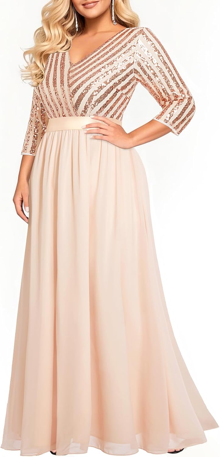 Womens Plus Size Formal Dresses with V Neck and 3/4 Sleeves