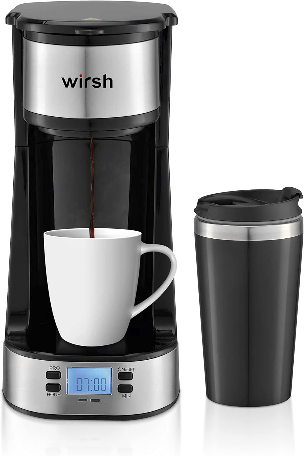 Wirsh Small Coffee Maker- Programmable Timer, Travel Mug, LCD Display