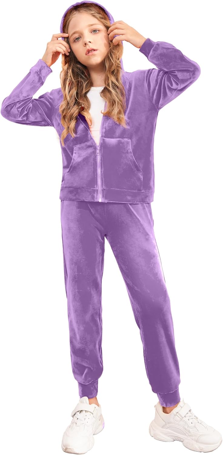 Girls Velour Tracksuit Hoodie and Jogger Set for Activewear