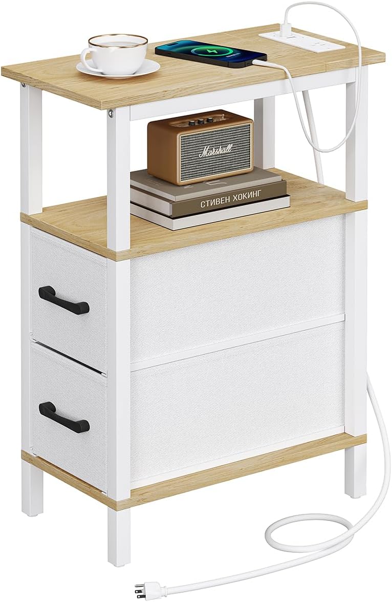 Narrow Side Table with Charging Station for Small Spaces