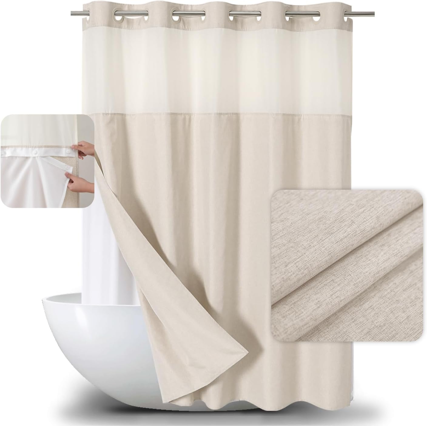 Linen Textured Shower Curtain Set with Snap-in Liner for Luxury
