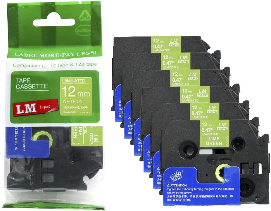 6/Pack LM Tapes Compatible TZe-MQG35 White on Lime Green Labels