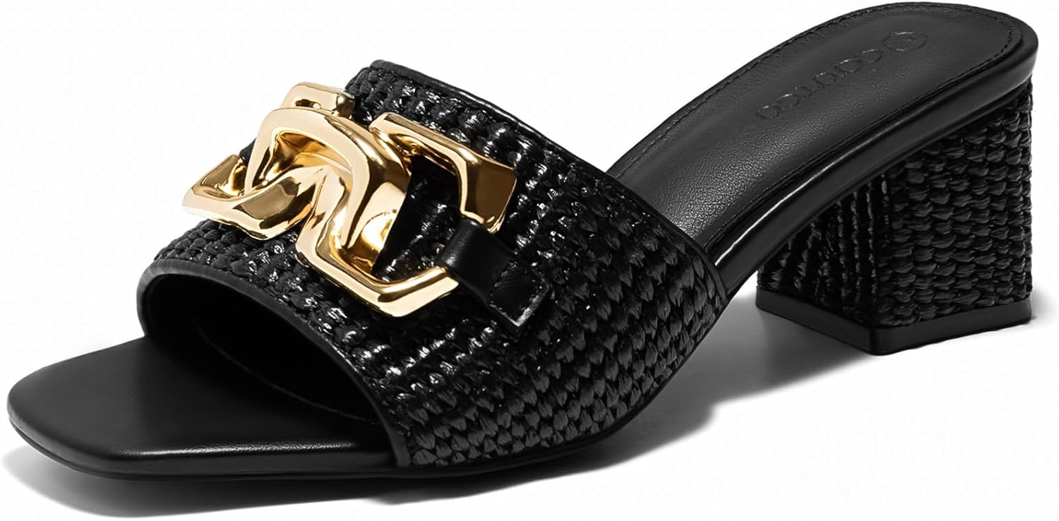 Coutgo Womens Raffia Slide Sandals with Chunky Block Heels